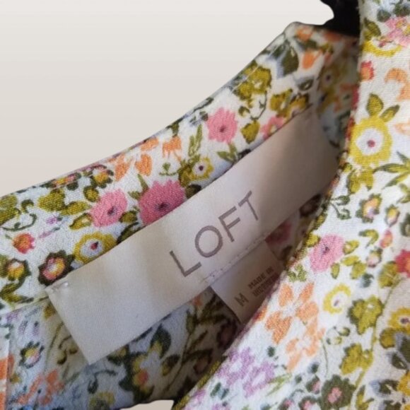 LOFT Floral Dress Shirt Multicolor Floral Short Sleeve Blouse W/ Ruffle Sleeves - Picture 8 of 8